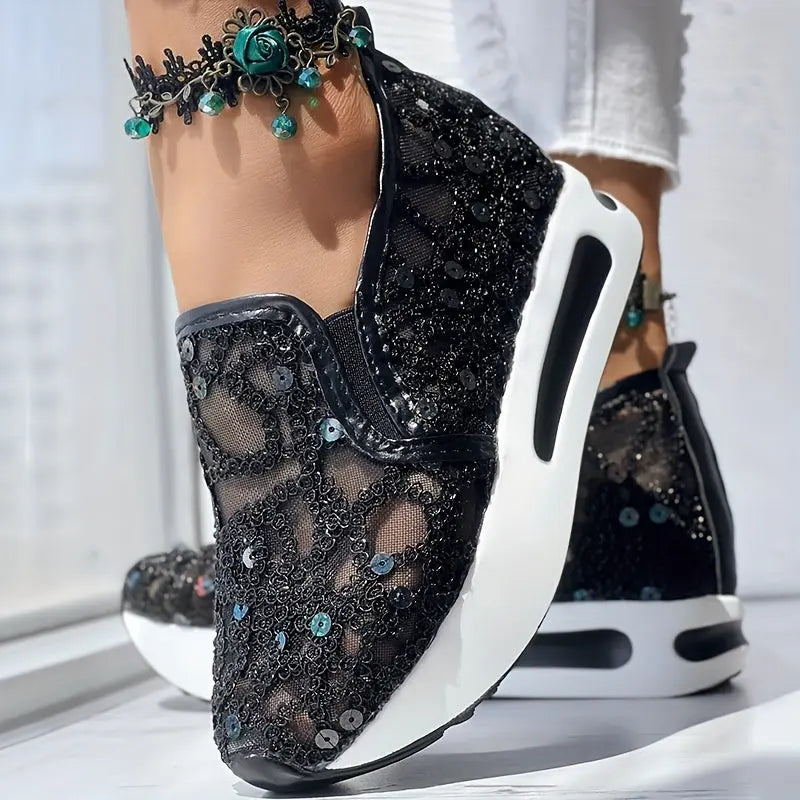 Abstract Print Side Lace-up Casual Wedge Sneakers - Without Anklet Chic Le'Meek