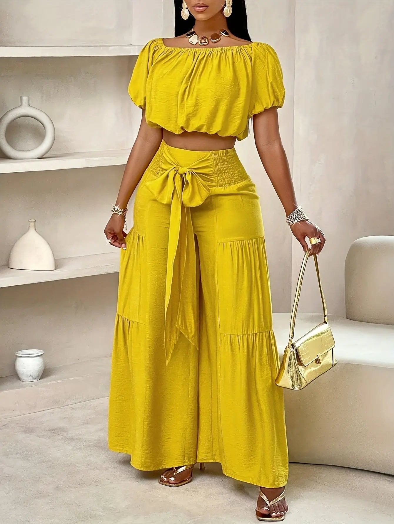 Women'S Summer Plus Size Beach Vacation Style One Shoulder Puff Sleeve Ruffle Off Shoulder Cropped Top And Wide Leg Pants Set Chic Le'Meek