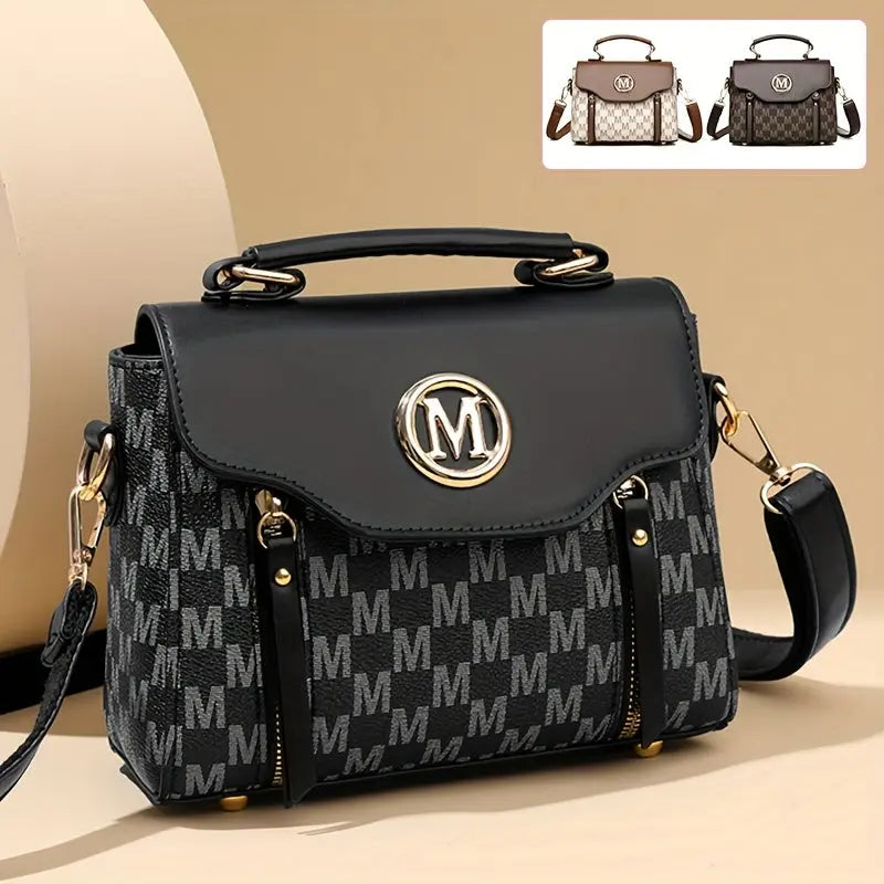 Vintage Geometric Women's Handbag - Large Capacity PU Shoulder Bag with Golden-Tone Hardware, Herringbone Pattern & Letter "M" Design, Detachable Strap, Perfect for Everyday Use (Light Brown/White/Black) Chic Le'Meek