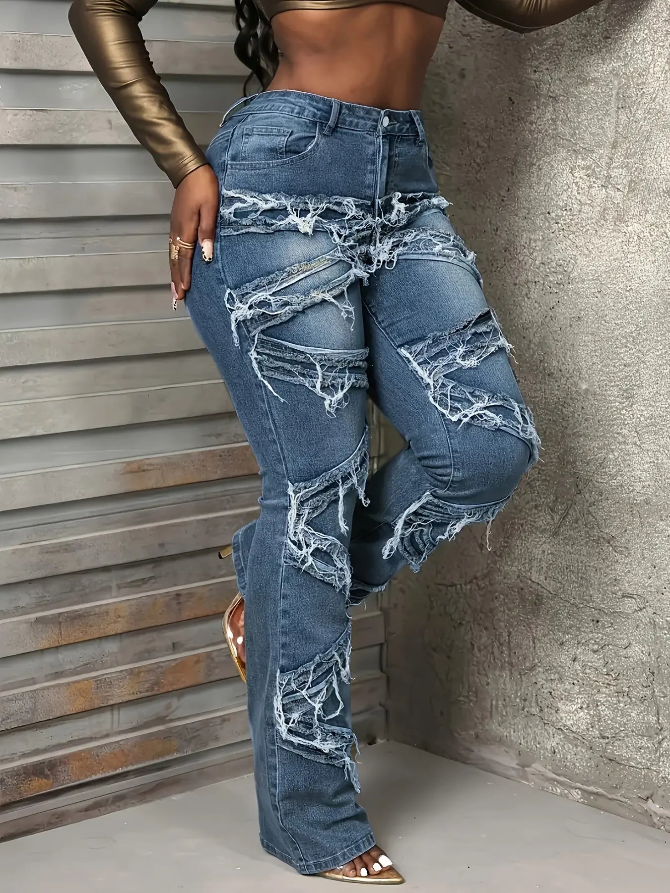 Women'S Large Size Mid-rise Skinny Jeans With Flared Design. Multi-layer Stacking With Distressed Edges. Highly Elastic And Comfortable Soft Denim Fabric. Suitable For Spring And Summer. Chic Le'Meek