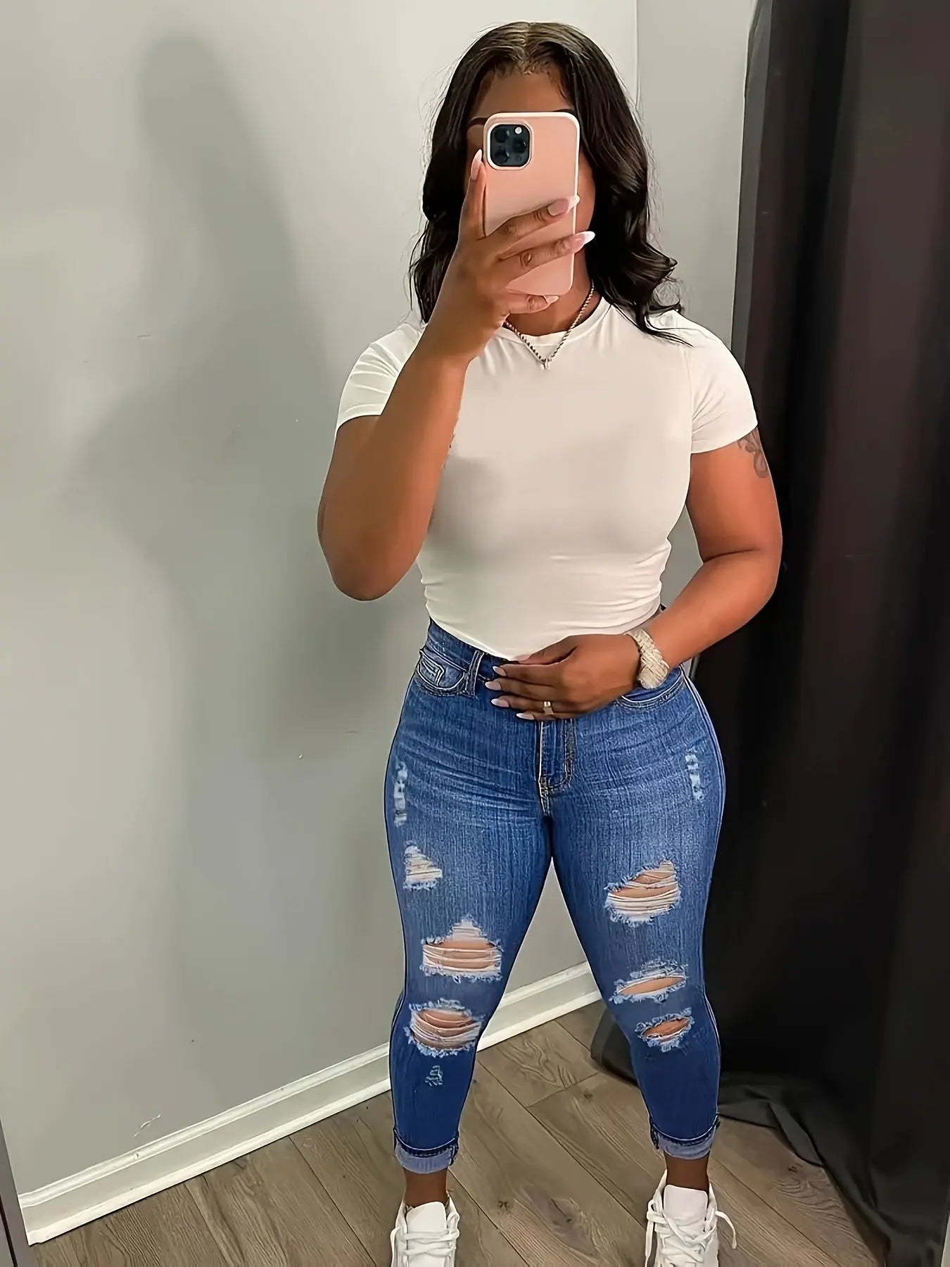Women's Plus Size Stretch Ripped Skinny Jeans, High-Waisted Distressed Denim Pants, Casual Street Style Temu