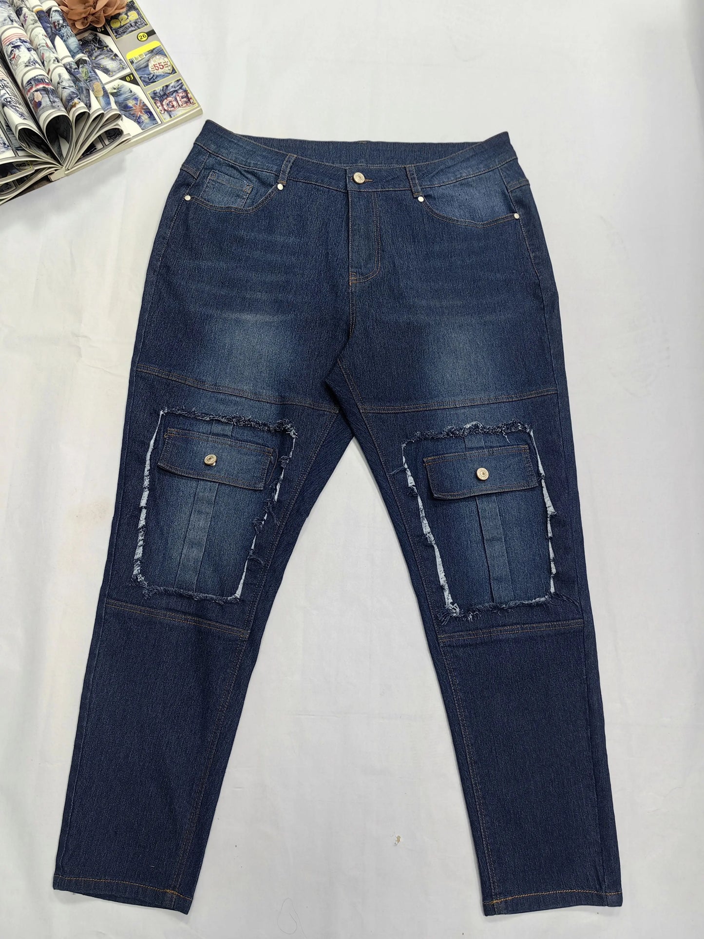Plus Size High Waist Cargo Jeans - Flexible Medium Stretch, Tapered Leg, Button Fly, Solid Color with Flap Pockets - Effortlessly Chic Casual Style, Raw Trim Detail Temu