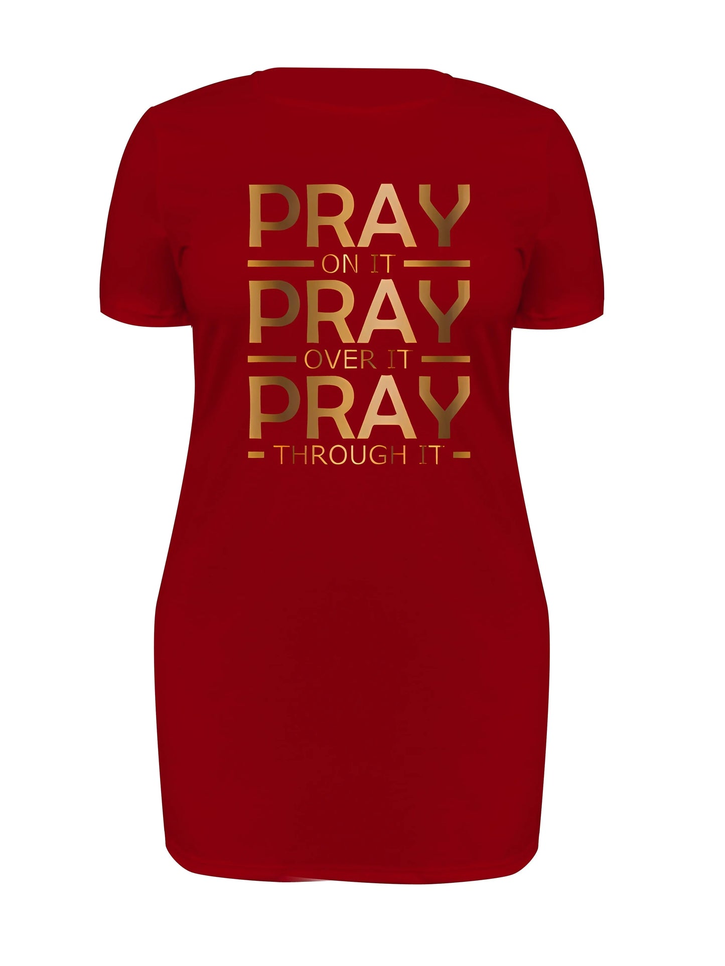 Chic Plus Size Women's "Pray On It Pray Over It Pray Through It" Golden Letter Print T-Shirt Dress - Stretchy Polyester Blend Crew Neck, Machine Washable, All-Season Casual & Office Wear, Ladies T-shirts, Bold Graphic Tee, No Chic Le'Meek