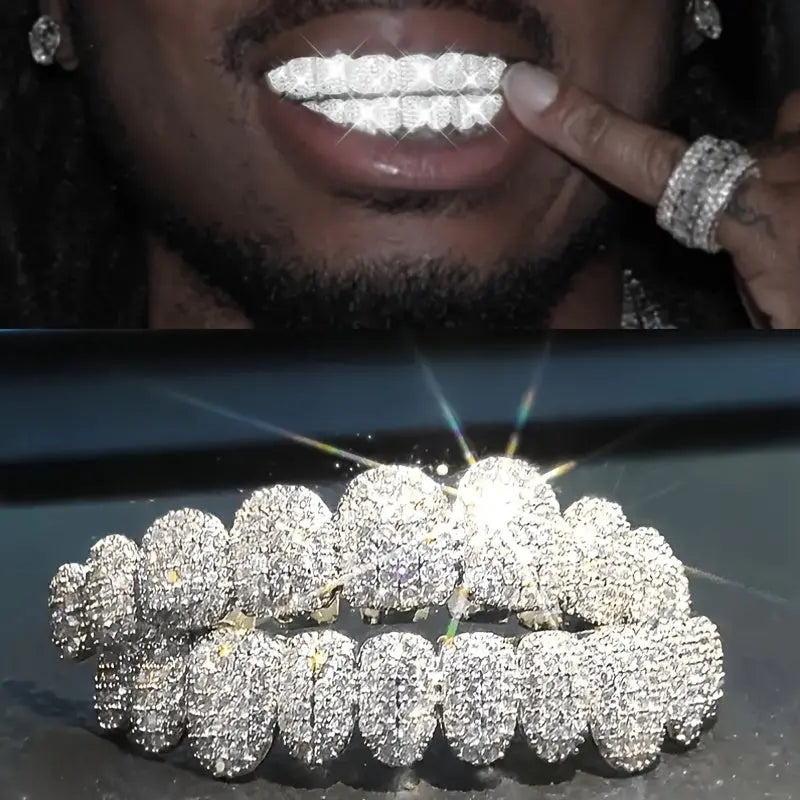 2pcs/set Synthetic Zircon Grillz Set, Unisex, Fashionable Hip Hop Mouth Teeth Grills, One Size Fits All, Removable Tooth Caps, For Rappers And Parties, With Mold Kit Temu