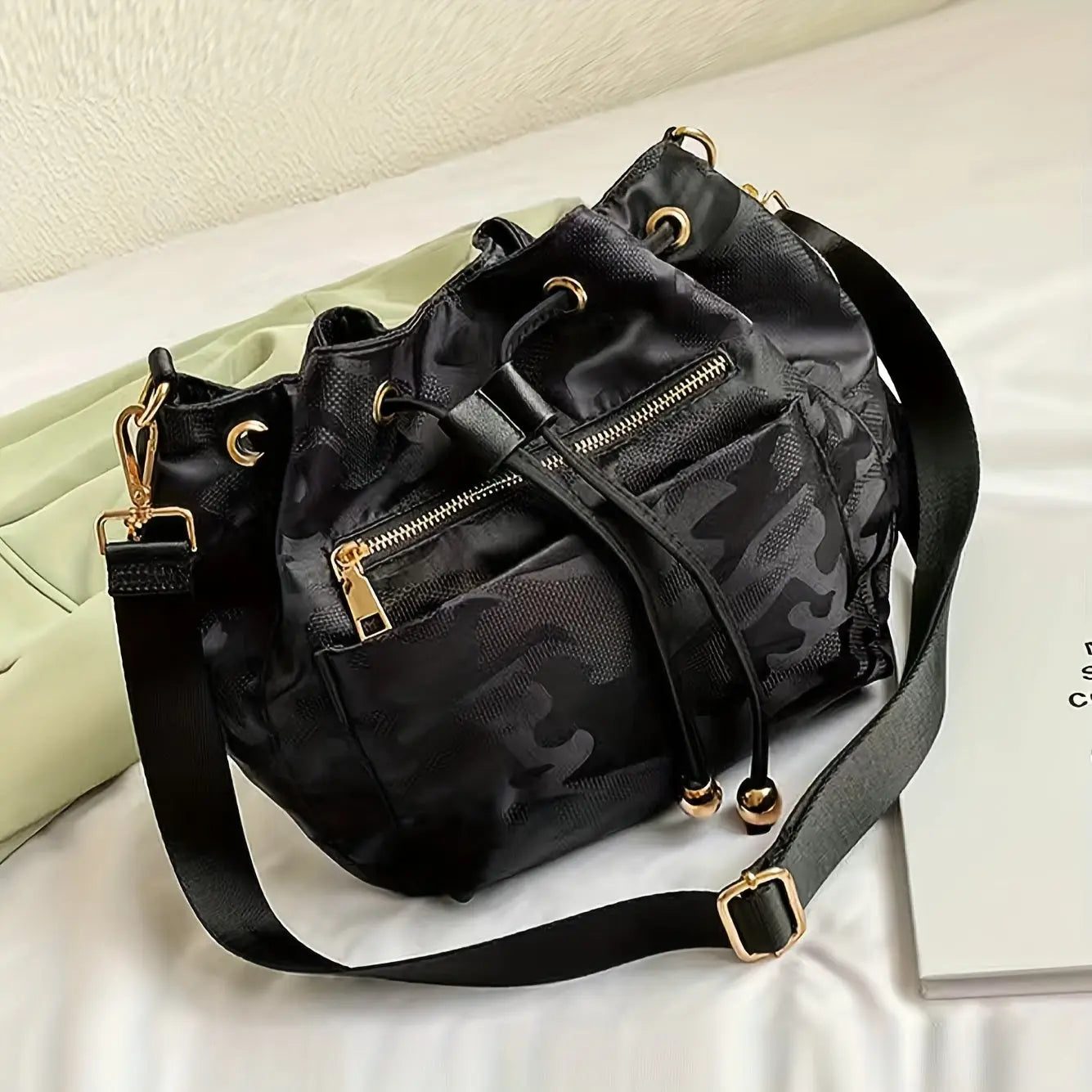 Small Camouflage Pattern Bucket Shoulder Bag - Durable Nylon Material, Classic Drawstring Closure, Polyester Lining, Edge Painted Temu