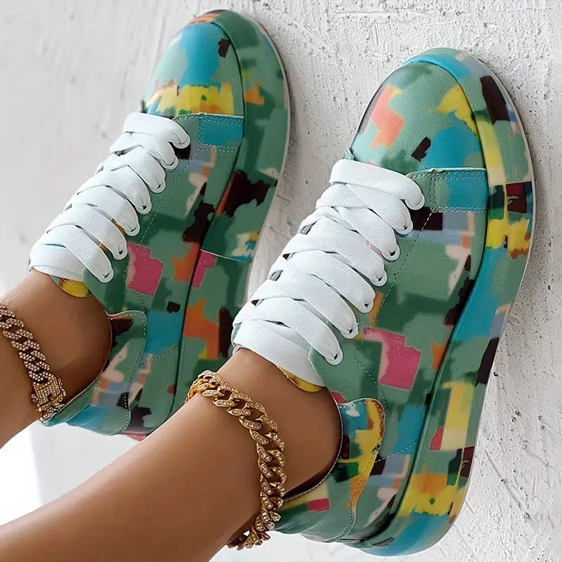 Casual Chic Women's Vibrant Graffiti Print Sneakers - Low Top, Round Toe, Rubber Sole, Faux Cover Interior, All-Season Casual Lace-Up Shoes AliExpress