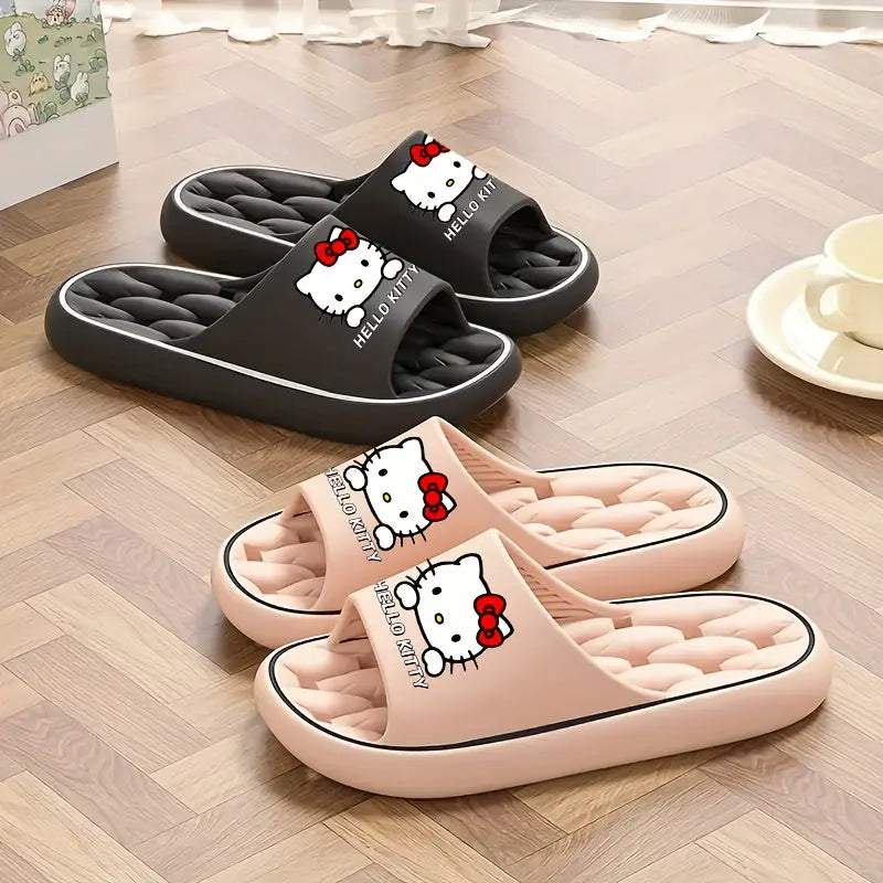 Sanrio Hello Kitty Kawaii Cartoon Slides - Unisex Breathable Soft Sole EVA Slippers, Comfortable Non-Slip Casual Shoes for Indoor & Outdoor Use, Black & Cream Design with Red Bows, Cute Slippers Chic Le'Meek
