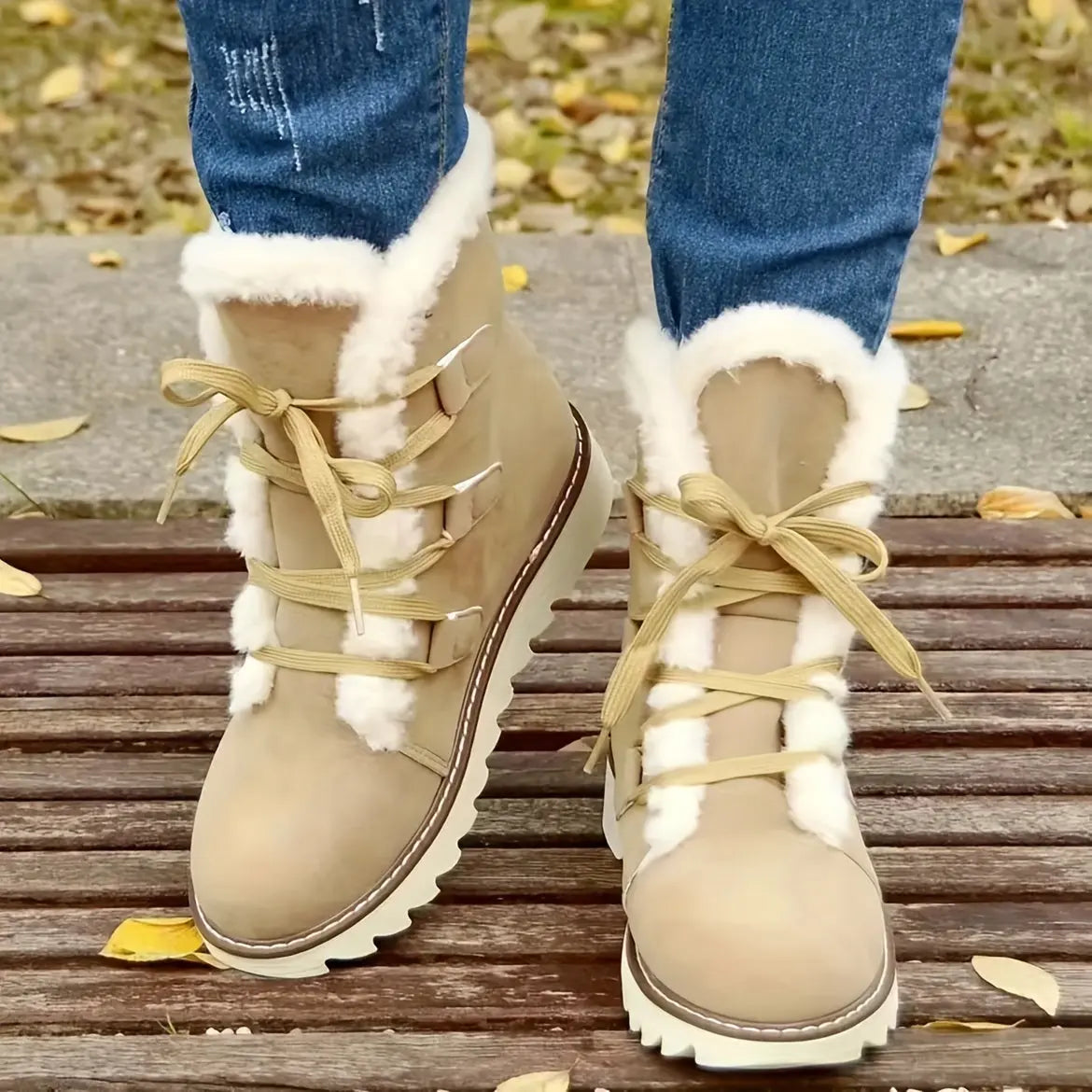 Women's Faux Fur Lined Snow Boots, Slip-Resistant Platform Soft Sole Warm Snow Boots, Comfort Mid-calf Non-slip Snow Boots Chic Le'Meek