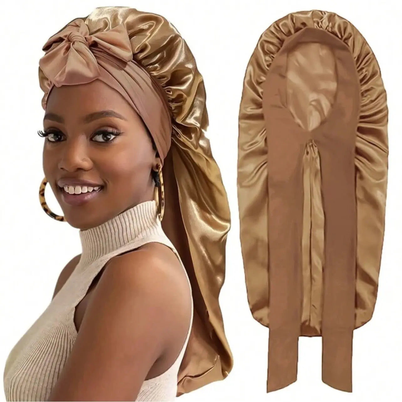 Women's Elastic Tie Band Long Satin Bonnet for Long Curly Hair - Gentle Hair Care Sleeping Cap with Smooth Texture and Soft Inside Chic Le'Meek