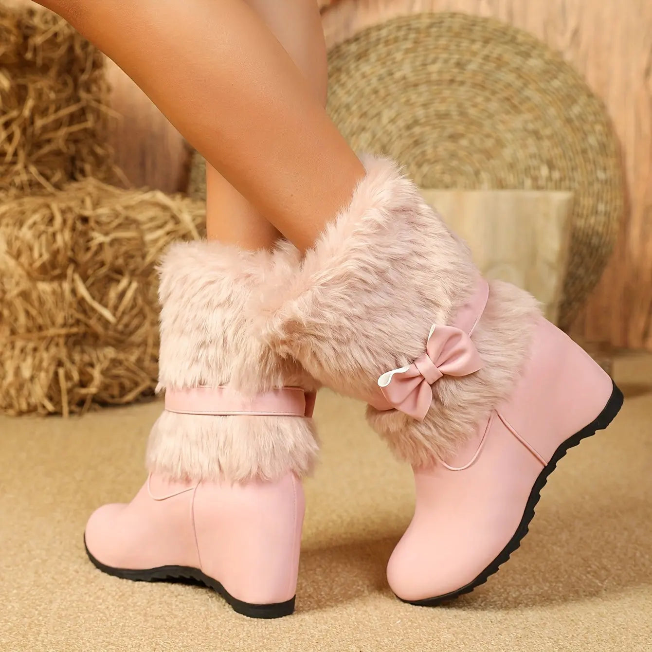 Women's Plush-Lined Winter Boots - Cozy Slip-On Mid-Calf Riding Boots with Thick Sole, Round Toe, and Bow Detail in White, Black, and Pink - Perfect for Cold Weather Comfort, Snow Boots Chic Le'Meek