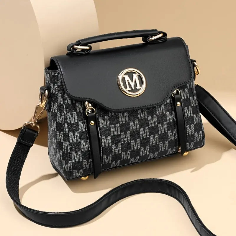 Vintage Geometric Women's Handbag - Large Capacity PU Shoulder Bag with Golden-Tone Hardware, Herringbone Pattern & Letter "M" Design, Detachable Strap, Perfect for Everyday Use (Light Brown/White/Black) Chic Le'Meek
