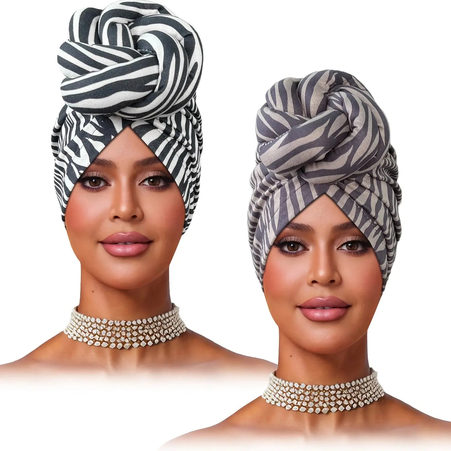 2pcs Zebra Print Pre-Tied Hair Turbans - Soft Polyester Knot Head Wraps for Women, Stylish Black & White Pattern, Comfortable Shower Cap for Short Hair, Fashion Headband | Zebra Print Turban | Snug Fit Design Chic Le'Meek