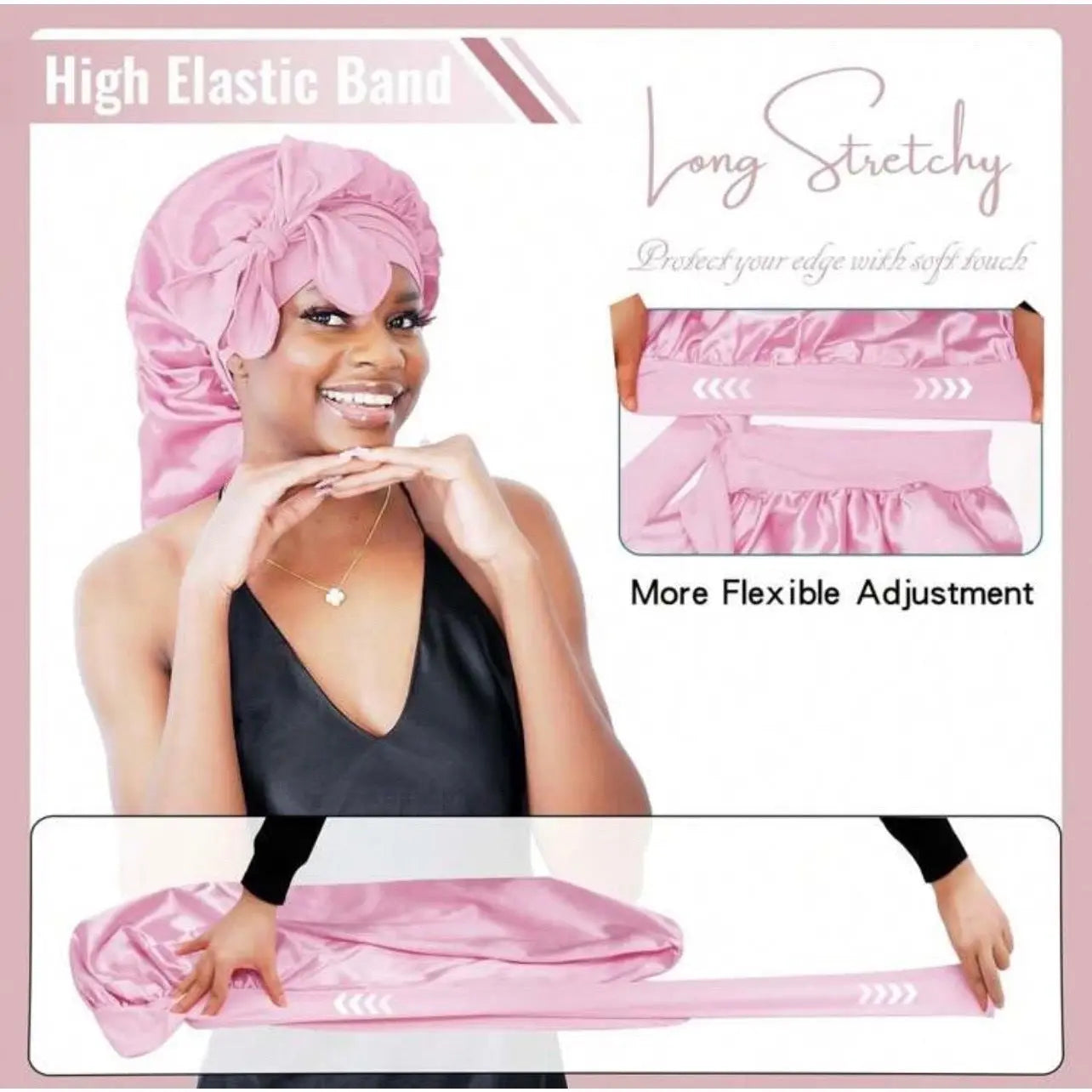 Women's Elastic Tie Band Long Satin Bonnet for Long Curly Hair - Gentle Hair Care Sleeping Cap with Smooth Texture and Soft Inside Chic Le'Meek
