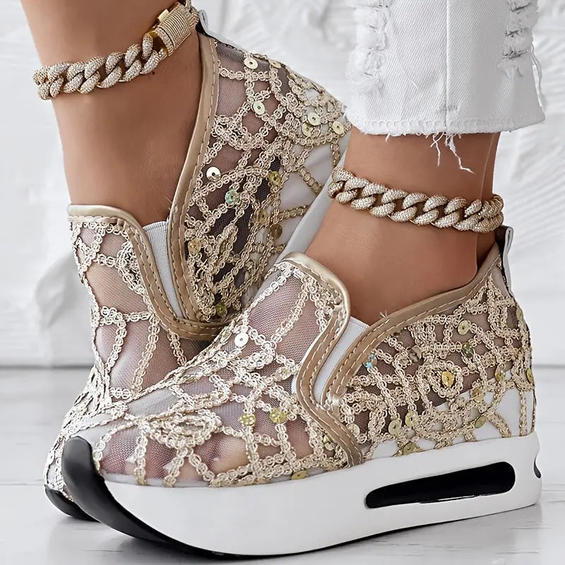 Abstract Print Side Lace-up Casual Wedge Sneakers - Without Anklet Chic Le'Meek