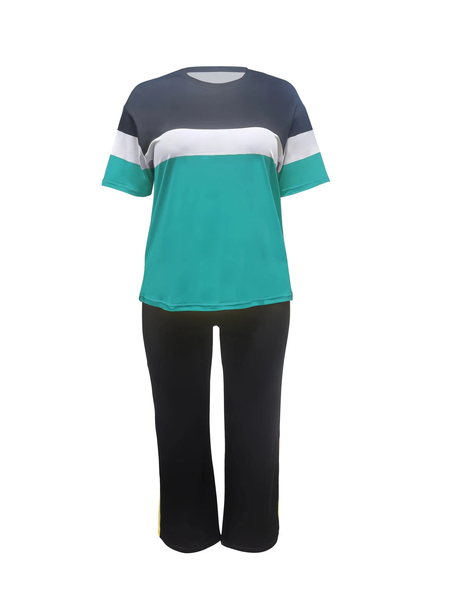 Women'S Plus Size Casual Color Block 2pcs Set - Elegant Crew Neck Short Sleeve Top & Straight Leg Pants, 95% Polyester 5% Elastane, Medium Stretch Knit Fabric, Machine Washable Chic Le'Meek