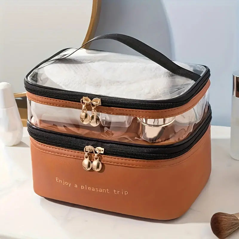 Large Capacity Double Layered Waterproof Transparent Makeup Bag - Portable, Travel-Friendly, Fashionable Cosmetic Storage with Polyester Material and Water Resistance Temu