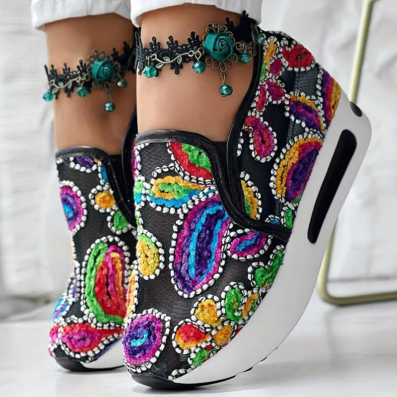 Abstract Print Side Lace-up Casual Wedge Sneakers - Without Anklet Chic Le'Meek