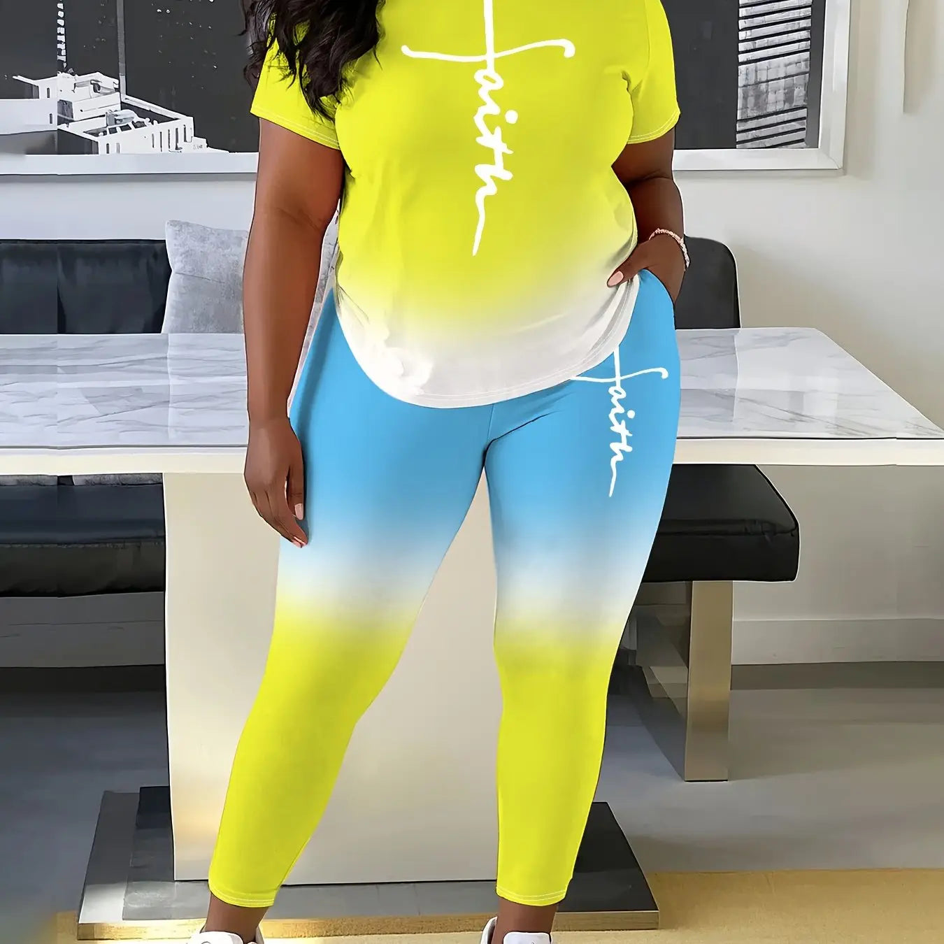 Ladies' Daily Casual Gradient Suit, Faith Letter Printing, Plus-size Tight Pants With Pockets Chic Le'Meek