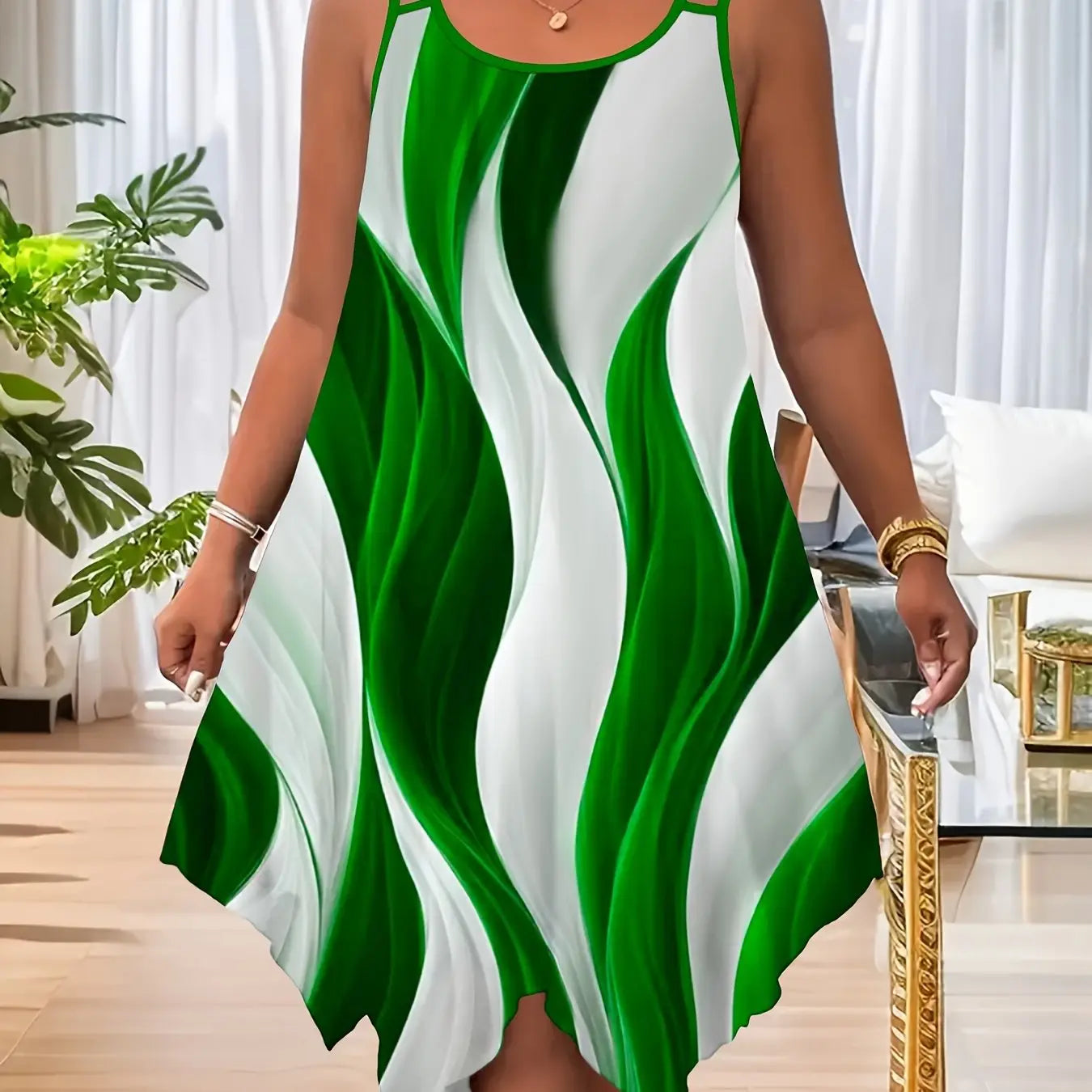1pc Women'S Summer Casual Asymmetrical Hem Dress, Polyester 95% Spandex 5% Fabric, Crew Neck Slingback with Random Print Design Chic Le'Meek