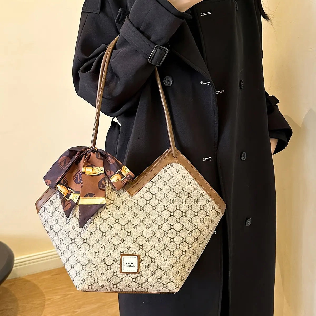 LABOONOO Women'S Vintage-Inspired Tote Bag with Scarf - Elegant, Large Capacity, Zip Closure, Grey & Beige Pattern, Perfect for Casual or Retro Outfits Chic Le'Meek