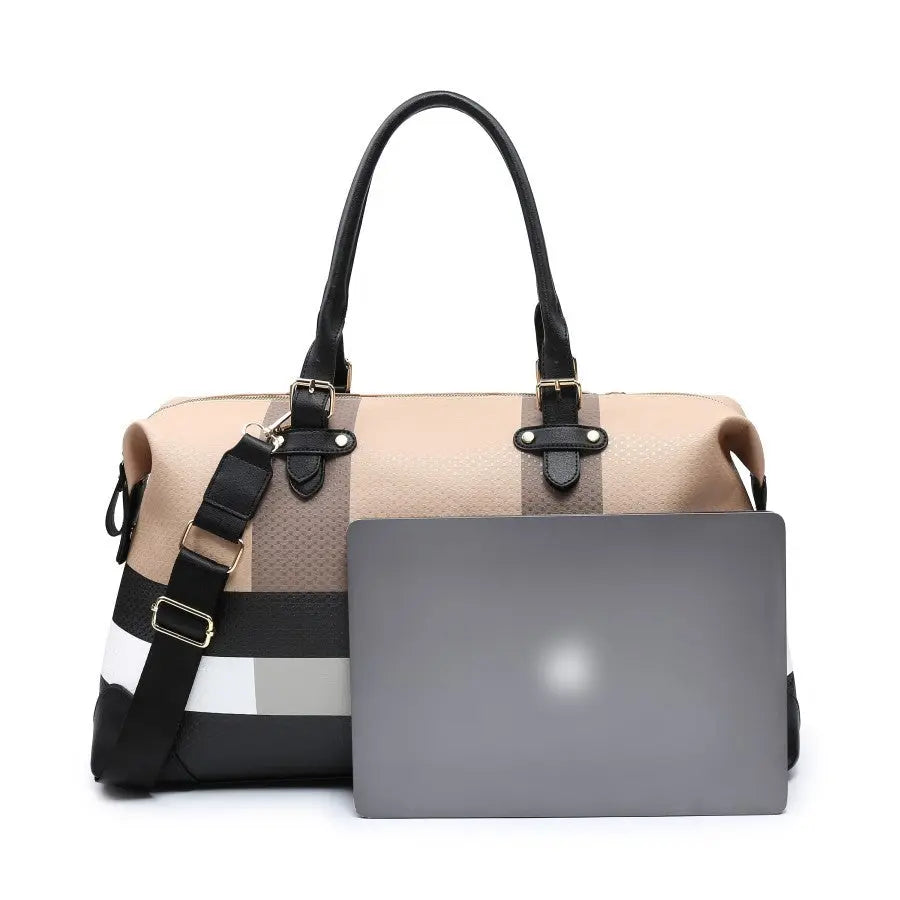 PU leather large overnight travel bag striped pattern handbag carry-on luggage bag suitable for vacation, overnight, camping, hiking, sports and fitness Chic Le'Meek