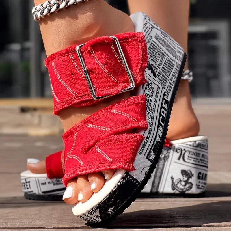 Newspaper Buckle Denim Wedge Slippers - Without Anklet Chic Le'Meek
