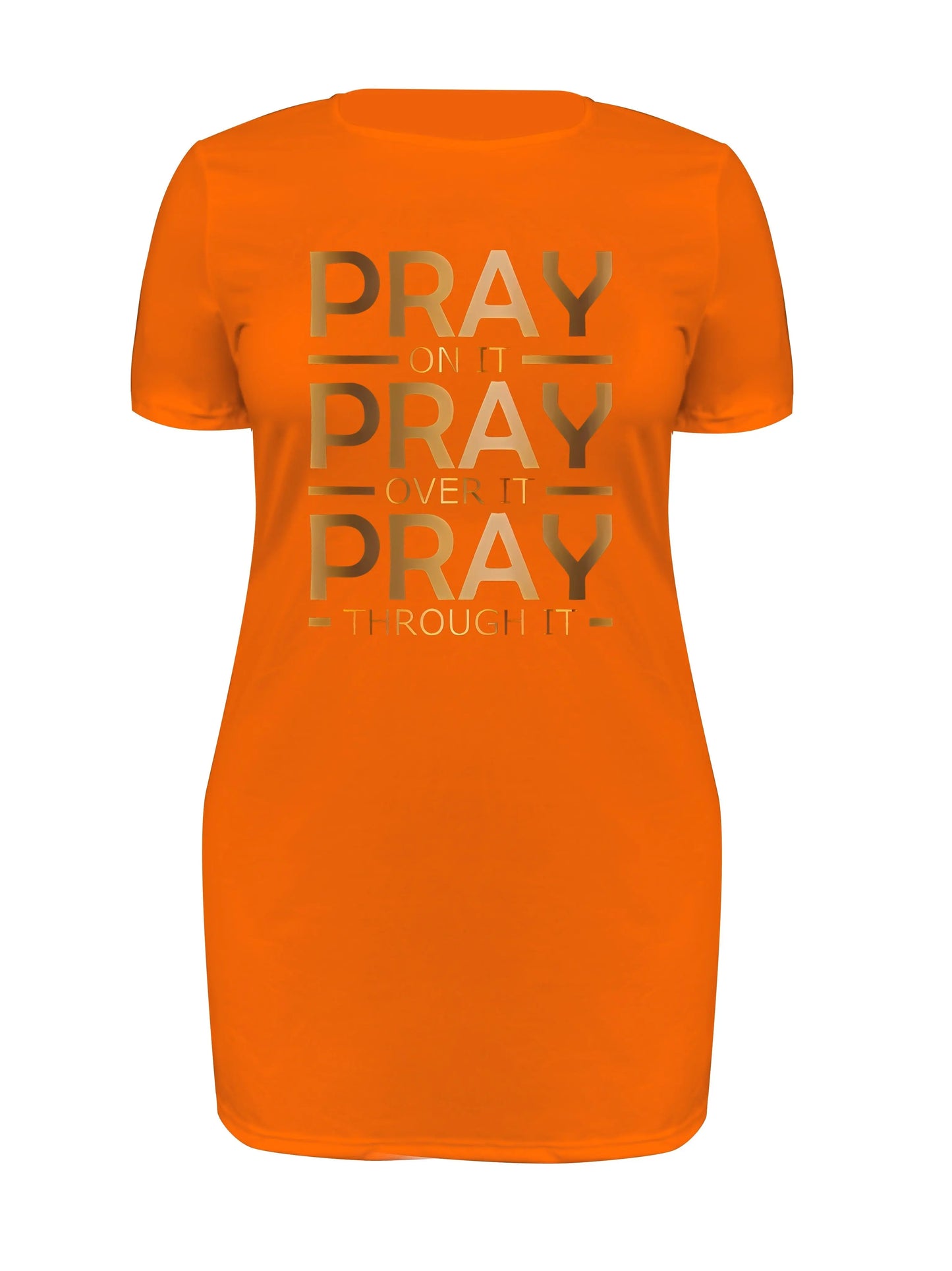 Chic Plus Size Women's "Pray On It Pray Over It Pray Through It" Golden Letter Print T-Shirt Dress - Stretchy Polyester Blend Crew Neck, Machine Washable, All-Season Casual & Office Wear, Ladies T-shirts, Bold Graphic Tee, No Chic Le'Meek