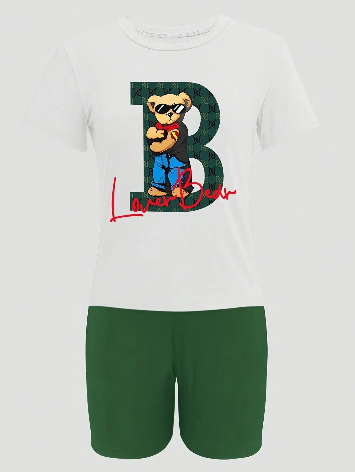 2pcs/set Of Casual Bear Letter Printed Short-sleeve T-shirts And Shorts Chic Le'Meek