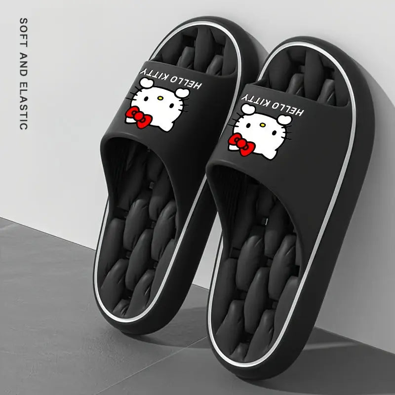 Sanrio Hello Kitty Kawaii Cartoon Slides - Unisex Breathable Soft Sole EVA Slippers, Comfortable Non-Slip Casual Shoes for Indoor & Outdoor Use, Black & Cream Design with Red Bows, Cute Slippers Chic Le'Meek