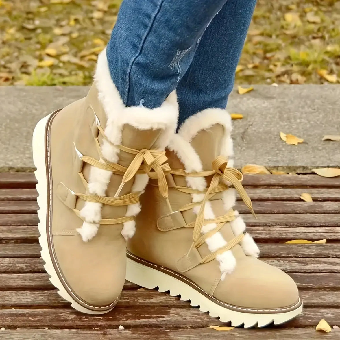 Women's Faux Fur Lined Snow Boots, Slip-Resistant Platform Soft Sole Warm Snow Boots, Comfort Mid-calf Non-slip Snow Boots Chic Le'Meek
