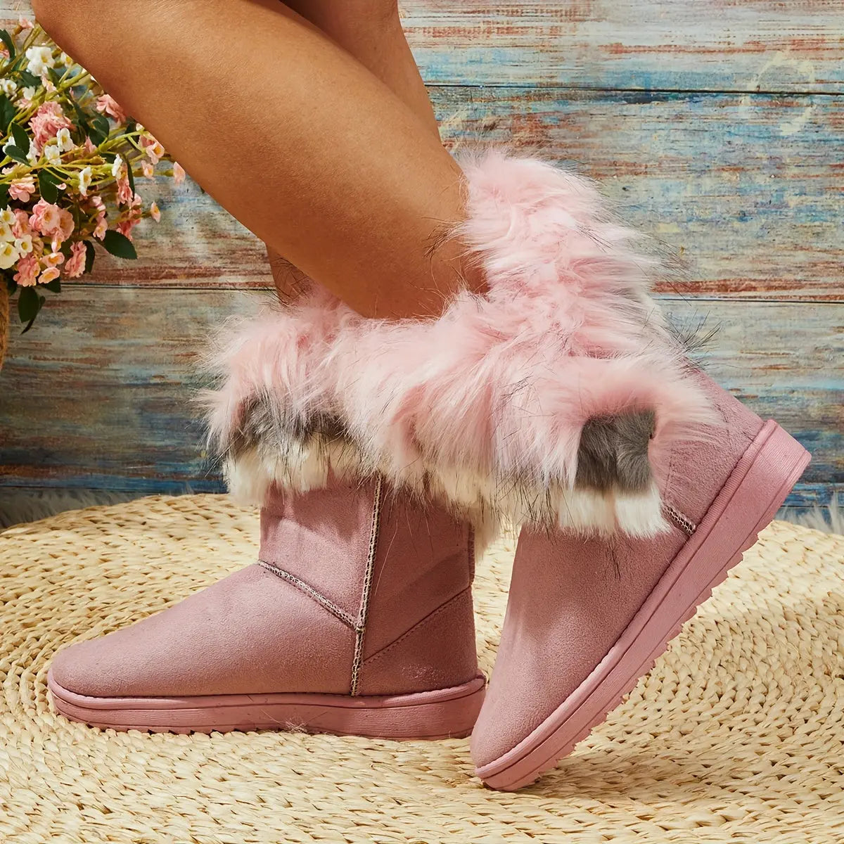 Women's Warm Snow Boots, Fashion Faux Fur Slip On Boots, Women's Comfortable Winter Boots Chic Le'Meek
