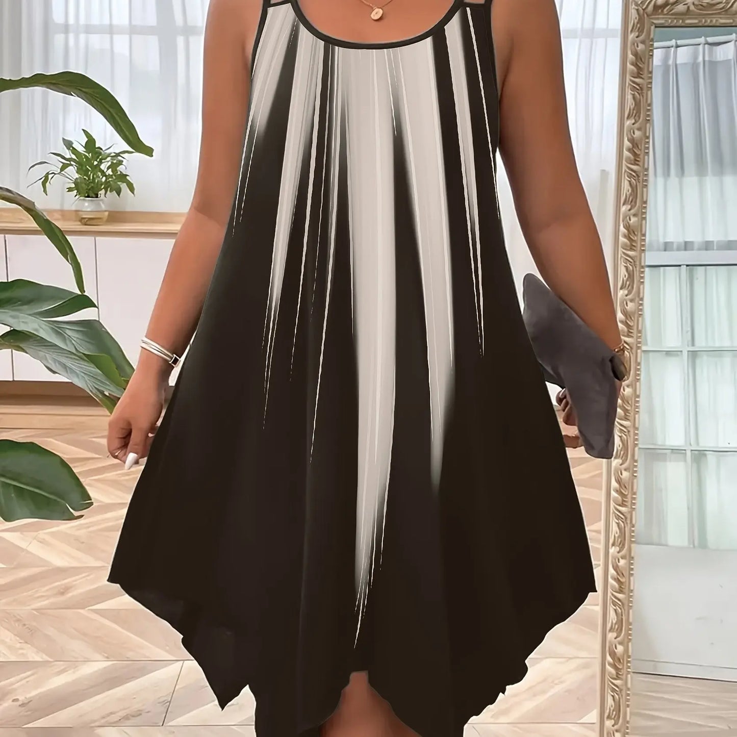 Plus Size Ombre Print Cami Slip Dress - Spaghetti Strap, Sleeveless, Crew Neck, Dual Strap, Asymmetrical Hem, Medium Stretch, Polyester, Random Printing, Vacation Style for Spring, Summer, and Fall Seasons Temu