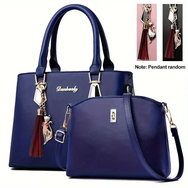 2-Piece Set: Chic Fashion Shoulder Bag and Crossbody Bag Combo - Zipper Closure, Pendant Detail, Solid Color Faux Leather with Nylon Lining - Spring 2024 European Style Casual Handbag Collection for Occasions Chic Le'Meek