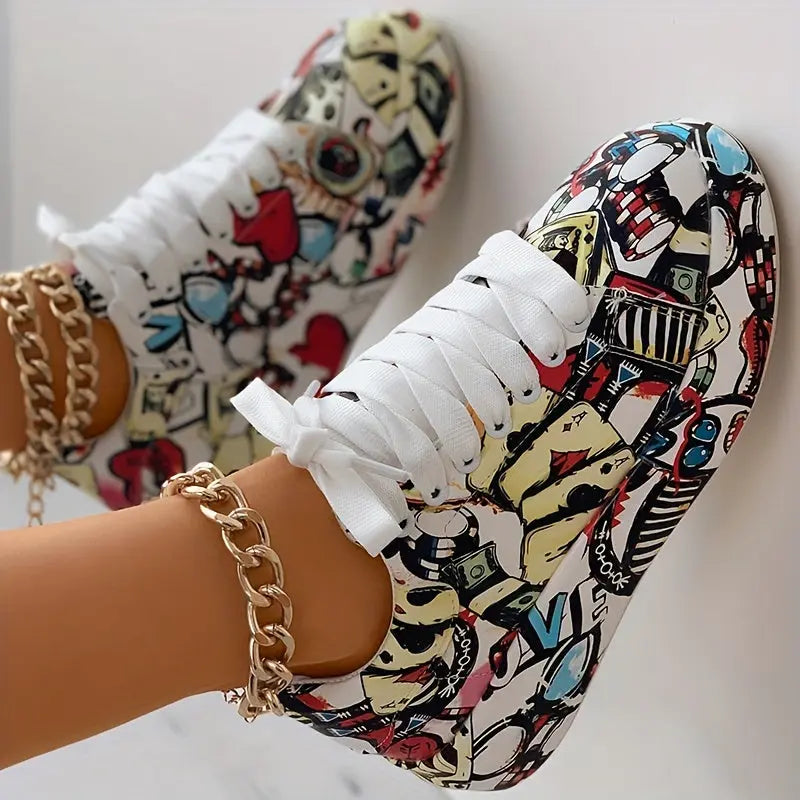 Casual Chic Women's Vibrant Graffiti Print Sneakers - Low Top, Round Toe, Rubber Sole, Faux Cover Interior, All-Season Casual Lace-Up Shoes AliExpress