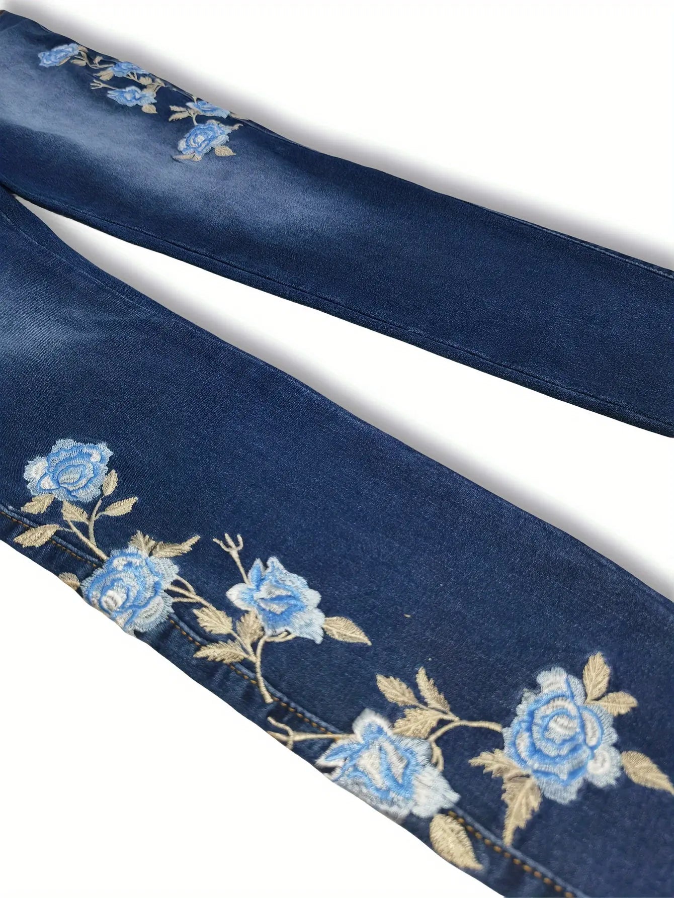 Plus Size Casual Jeans, Women's Plus Washed Floral Embroidery Button Fly Skinny Jeans Temu