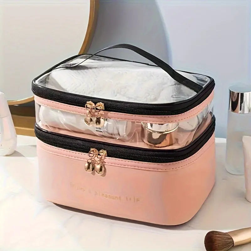 Large Capacity Double Layered Waterproof Transparent Makeup Bag - Portable, Travel-Friendly, Fashionable Cosmetic Storage with Polyester Material and Water Resistance Temu