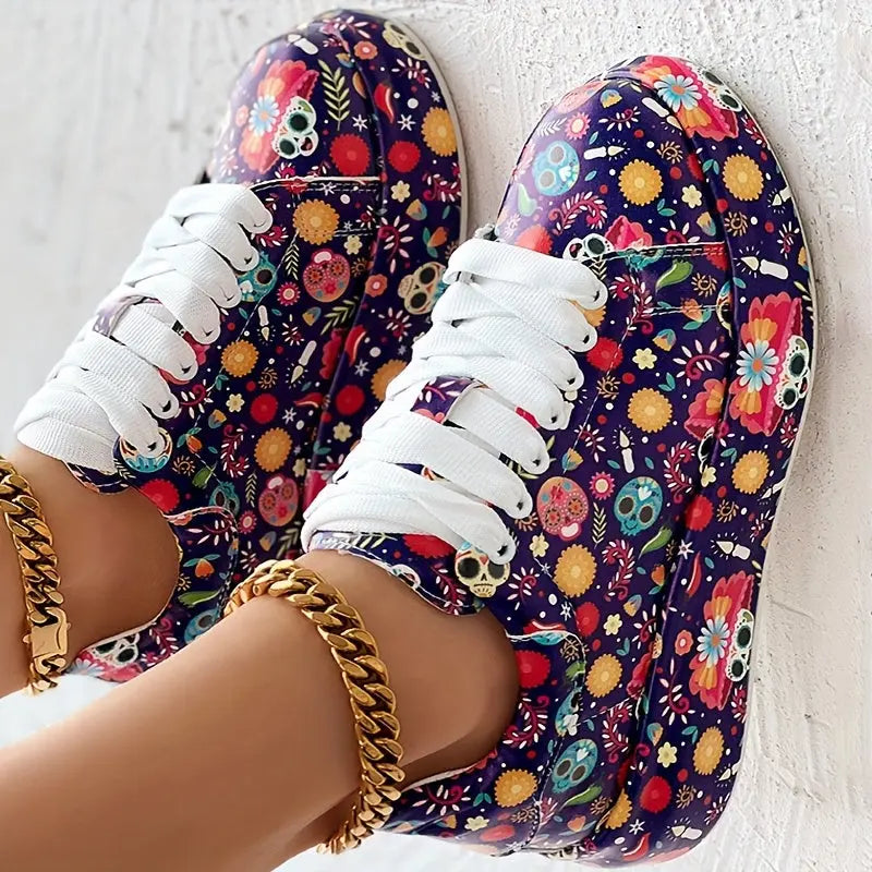 Casual Chic Women's Vibrant Graffiti Print Sneakers - Low Top, Round Toe, Rubber Sole, Faux Cover Interior, All-Season Casual Lace-Up Shoes AliExpress