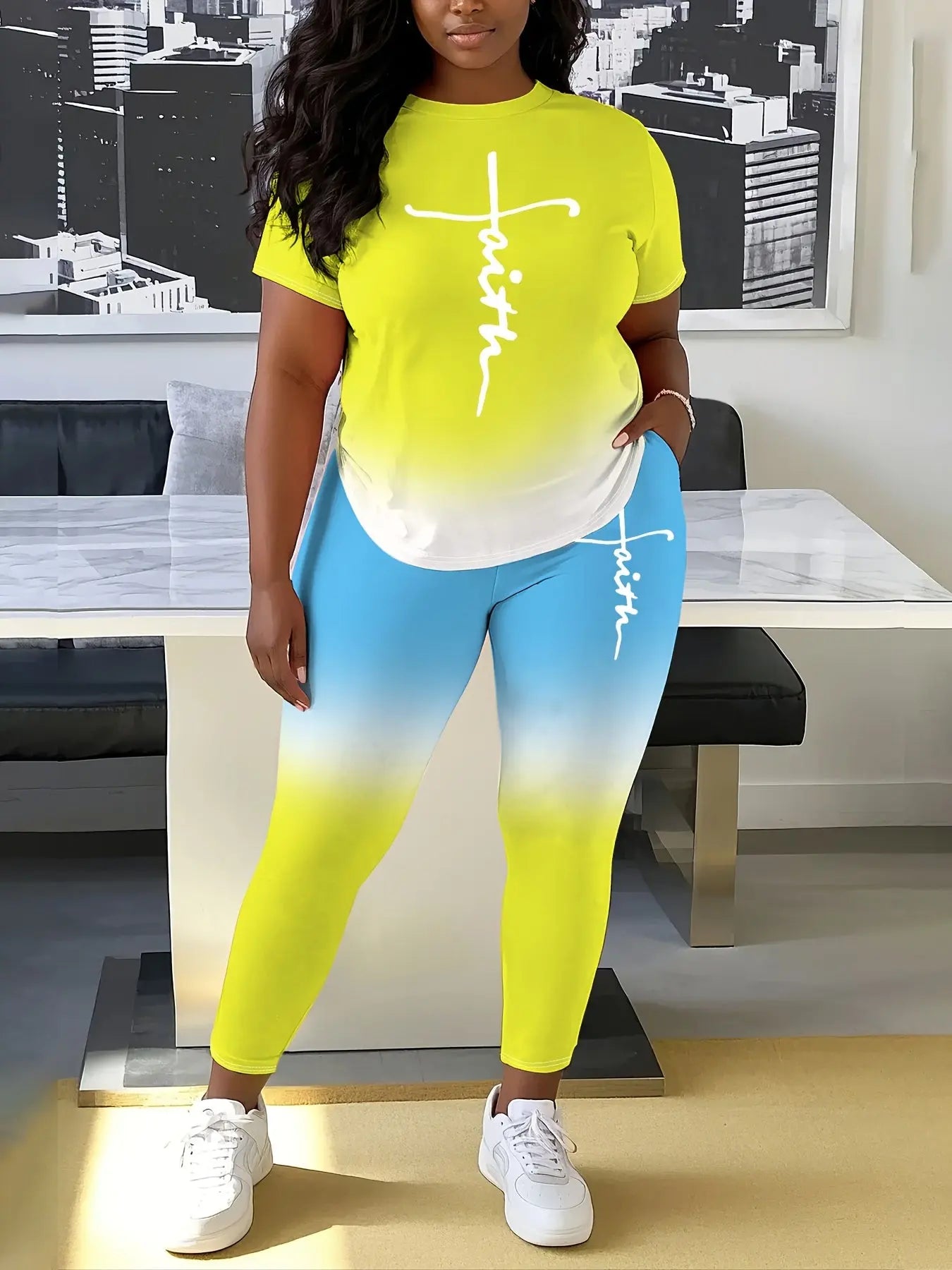 Ladies' Daily Casual Gradient Suit, Faith Letter Printing, Plus-size Tight Pants With Pockets Chic Le'Meek