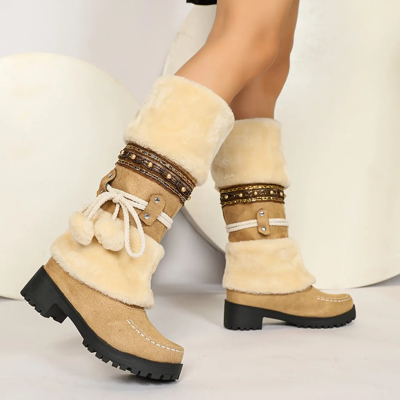 Cozy Winter Women's Snow Boots With Pom-Pom & Bowknot - Mid-Calf, Chunky Heel, Warm Fleece Lining, Non-Slip Rubber Sole For Outdoor Activities Chic Le'Meek