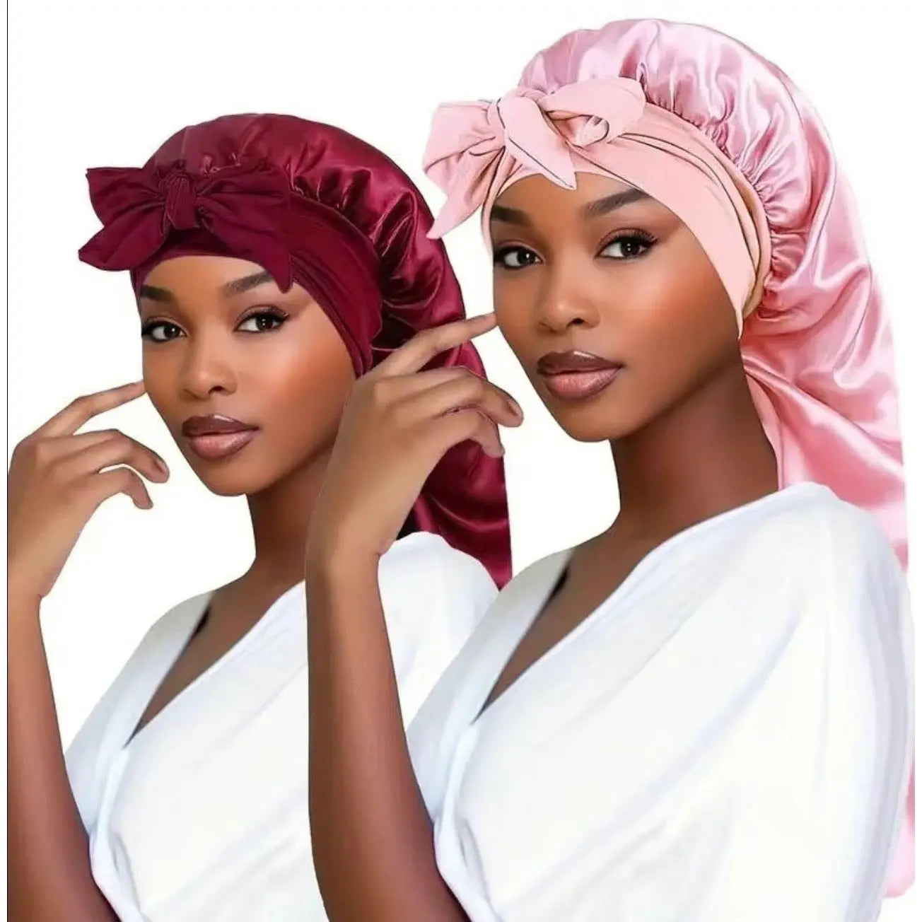 Women's Elastic Tie Band Long Satin Bonnet for Long Curly Hair - Gentle Hair Care Sleeping Cap with Smooth Texture and Soft Inside Chic Le'Meek