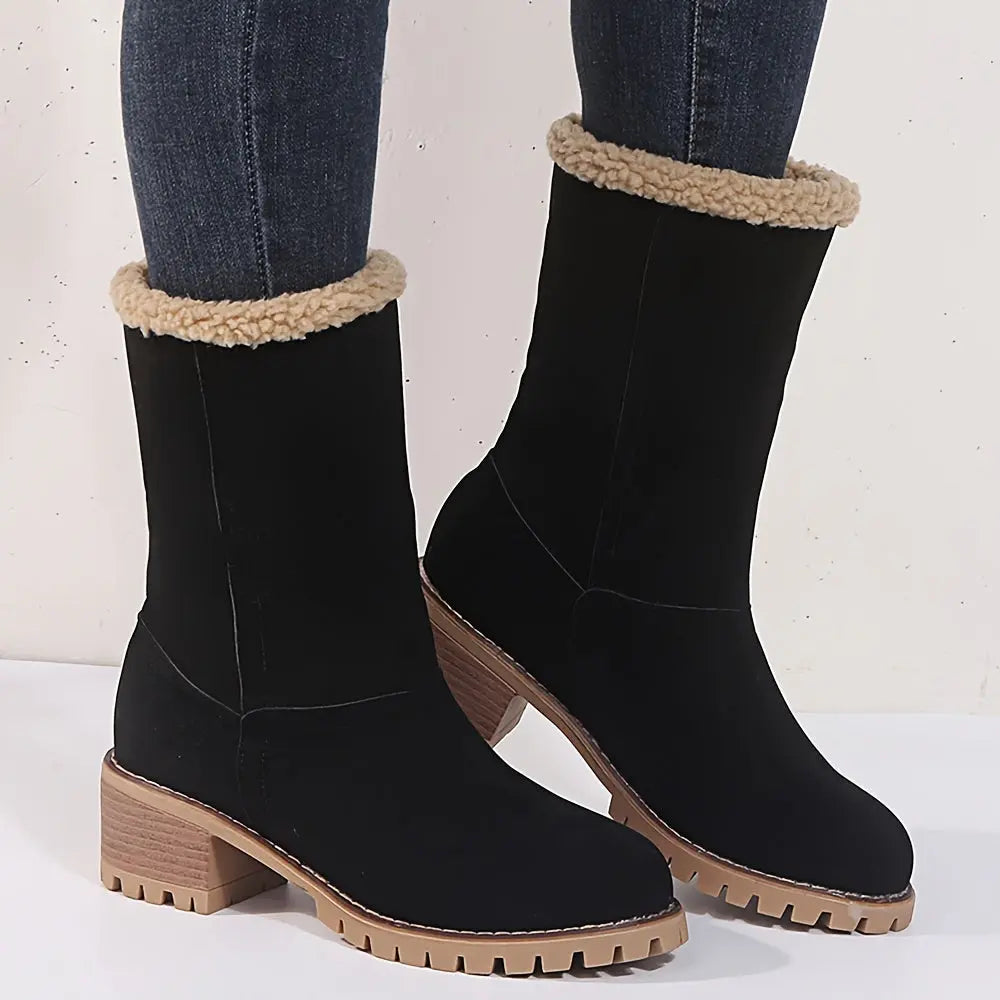 Winter Warm Women's Ankle Strap Platform Chunky Heel Comfort Faux Suede Plush Short Snow Boots Shoes For Woman Chic Le'Meek