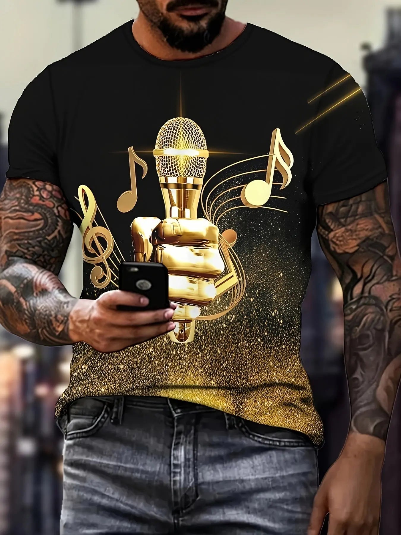 Mens 3D Printed Microphone & Notes Graphic Tee - Comfortable Crew Neck, Short Sleeves, Fashionable Summer Style - Music Inspired, Trendy Leisurewear Temu