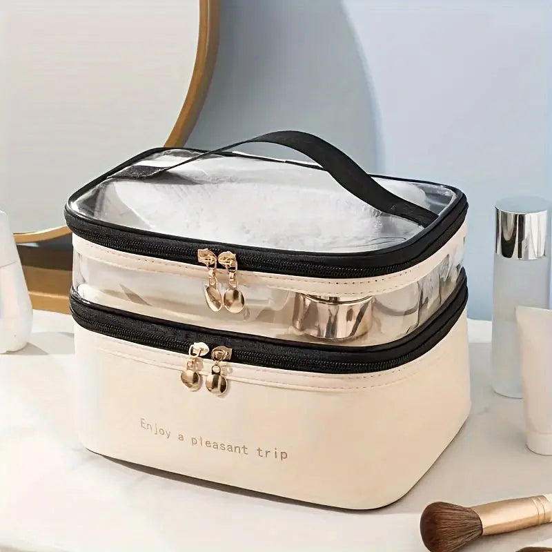 Large Capacity Double Layered Waterproof Transparent Makeup Bag - Portable, Travel-Friendly, Fashionable Cosmetic Storage with Polyester Material and Water Resistance Temu