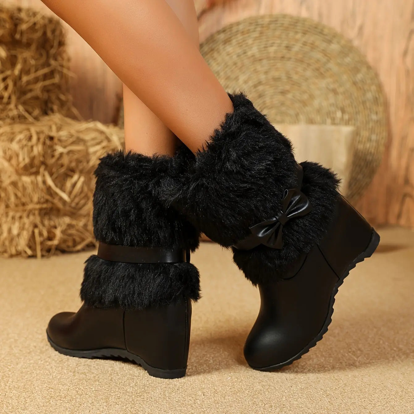 Women's Plush-Lined Winter Boots - Cozy Slip-On Mid-Calf Riding Boots with Thick Sole, Round Toe, and Bow Detail in White, Black, and Pink - Perfect for Cold Weather Comfort, Snow Boots Chic Le'Meek