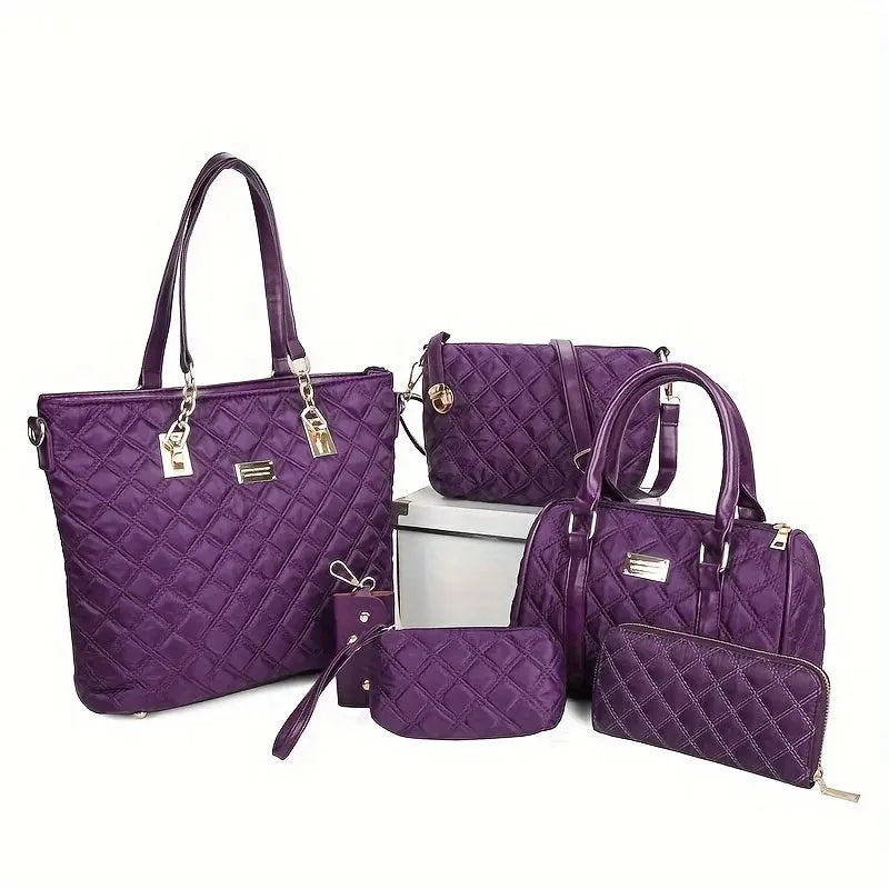 6pcs Chic Argyle Quilted Women's Purse Set - Stylish Solid Color Tote Bag with Boston Handbag, Crossbody Bag, Long Wallet, Wristlet Clutch, Coin Purse, and Key Holder - Perfect for Daily Use, Travel, and Work Chic Le'Meek