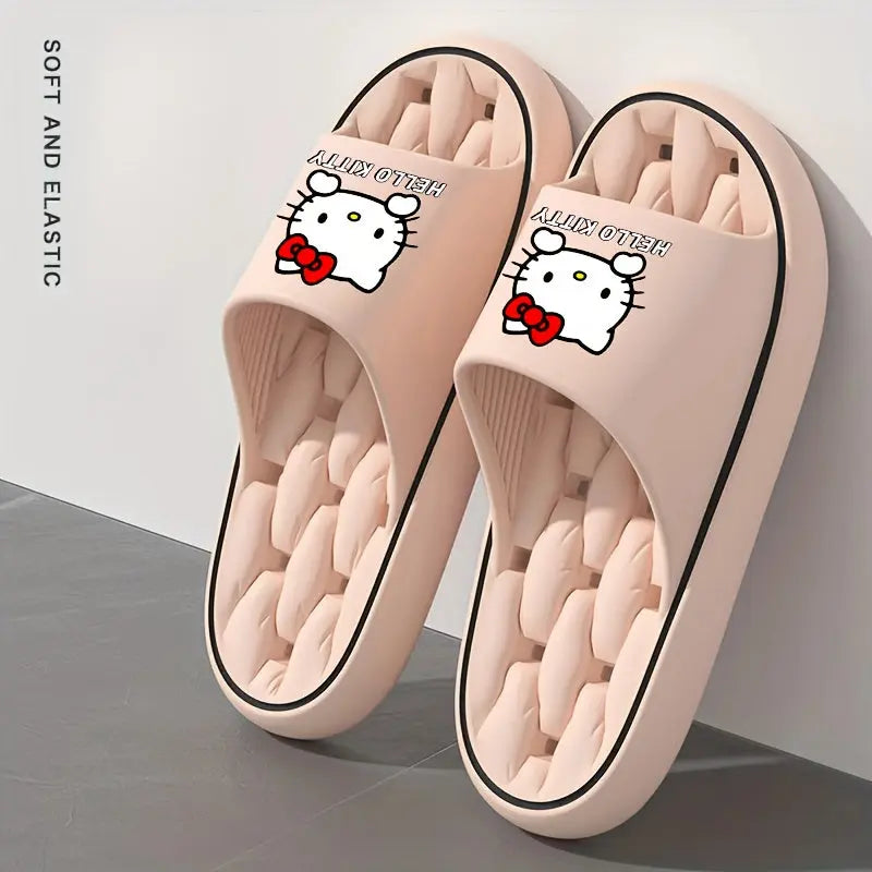 Sanrio Hello Kitty Kawaii Cartoon Slides - Unisex Breathable Soft Sole EVA Slippers, Comfortable Non-Slip Casual Shoes for Indoor & Outdoor Use, Black & Cream Design with Red Bows, Cute Slippers Chic Le'Meek
