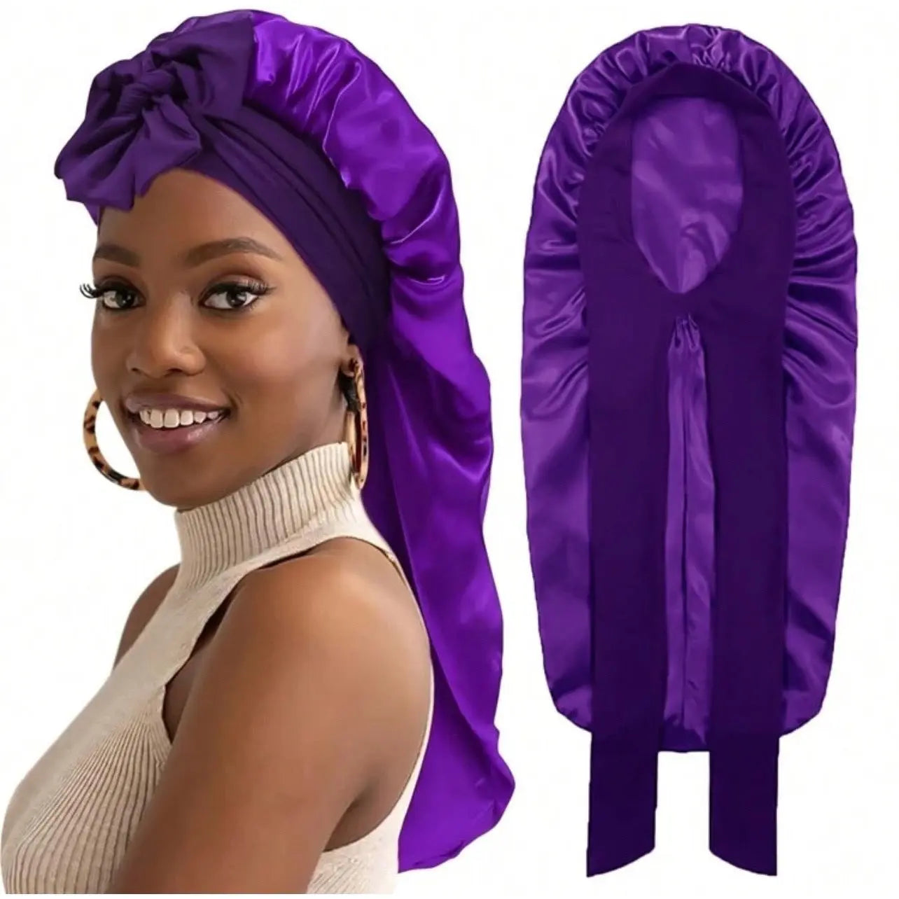 Women's Elastic Tie Band Long Satin Bonnet for Long Curly Hair - Gentle Hair Care Sleeping Cap with Smooth Texture and Soft Inside Chic Le'Meek