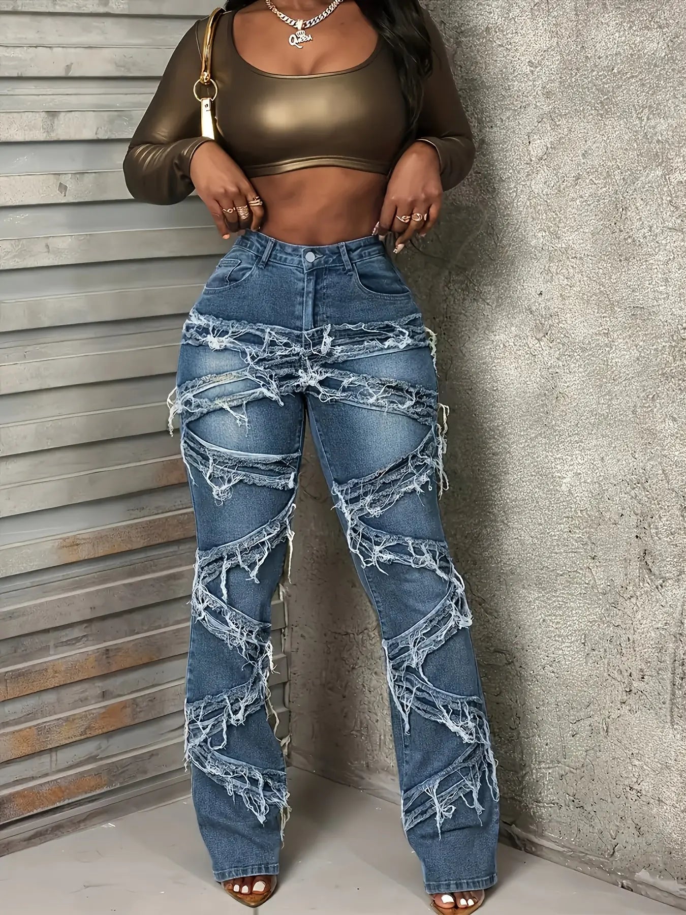 Women'S Large Size Mid-rise Skinny Jeans With Flared Design. Multi-layer Stacking With Distressed Edges. Highly Elastic And Comfortable Soft Denim Fabric. Suitable For Spring And Summer. Chic Le'Meek