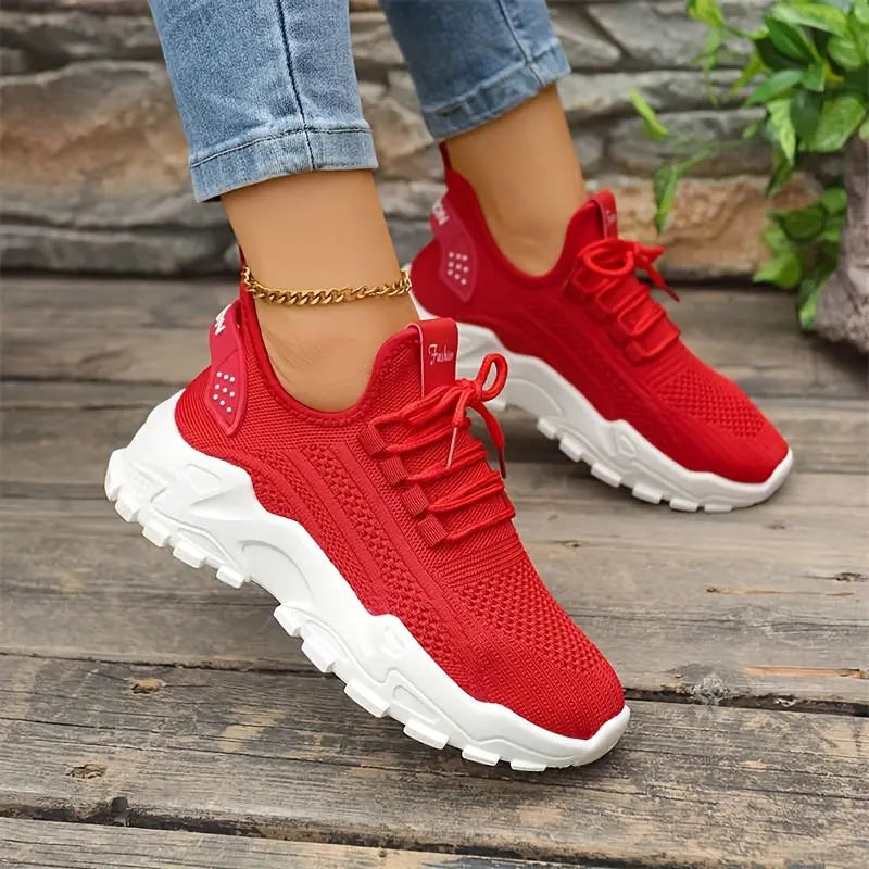 Ladies' Breathable Mesh Women'S Shoes, Lightweight And Low Cut Sports Shoes, Soft Insoles, Comfortable All Season Fitness, Walking And Casual Wear, White, Black, Red Fashionable Design, Comfortable Outdoor Thick Soled Casual Chic Le'Meek
