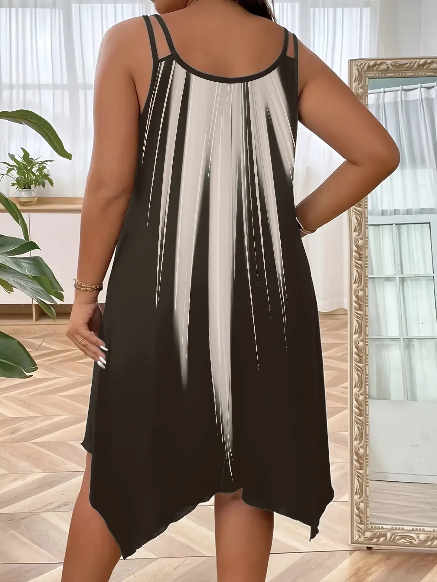 Plus Size Ombre Print Cami Slip Dress - Spaghetti Strap, Sleeveless, Crew Neck, Dual Strap, Asymmetrical Hem, Medium Stretch, Polyester, Random Printing, Vacation Style for Spring, Summer, and Fall Seasons Temu